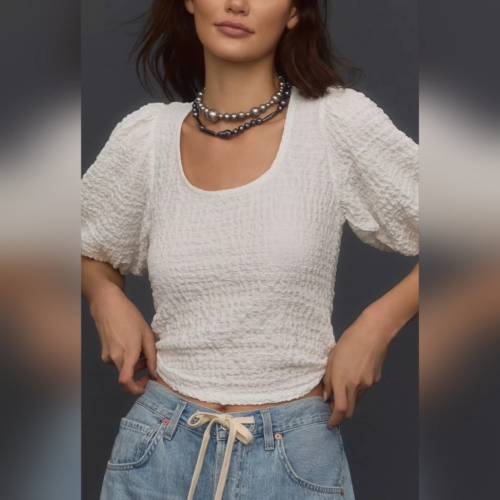 MAUVE x Anthropologie White Balloon-Sleeve Textured Top Cottagecore Resort - Picture 3 of 15